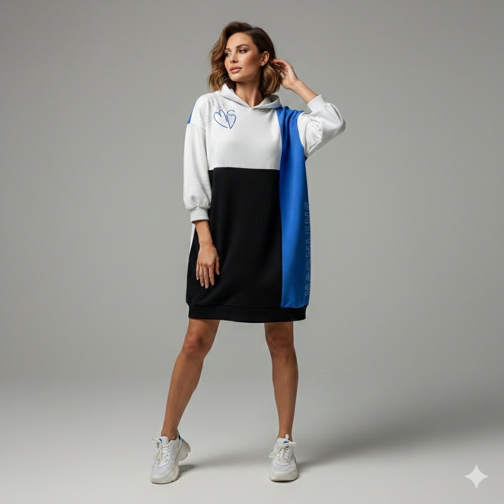 MAGNLENS Colorblock Hoodie Dress Oversized White Black Blue Logo Tag XS‎
